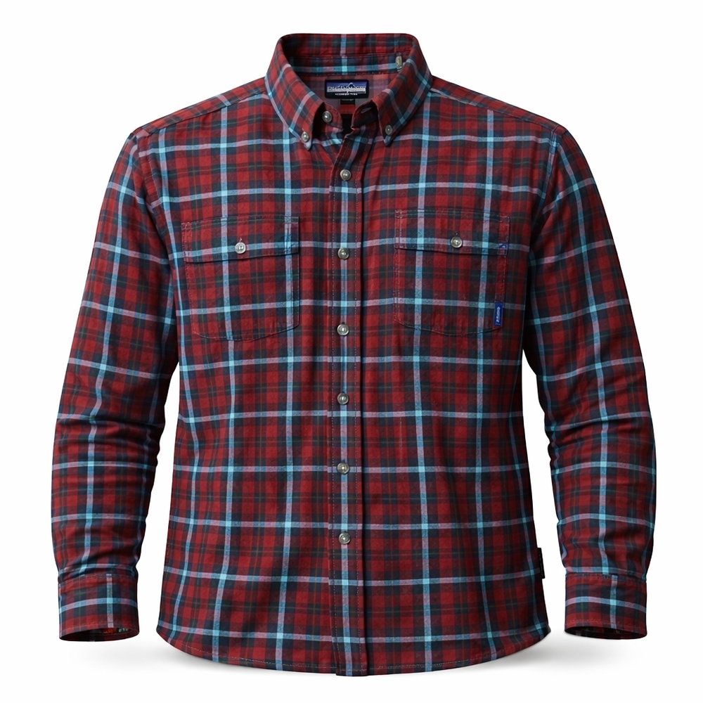 Patagonia Men's Burgundy and Blue Plaid Shirt